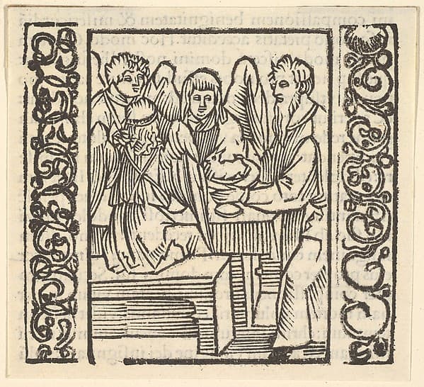 Angels Served at a Table, illustration from Speculum Passionis, 1507