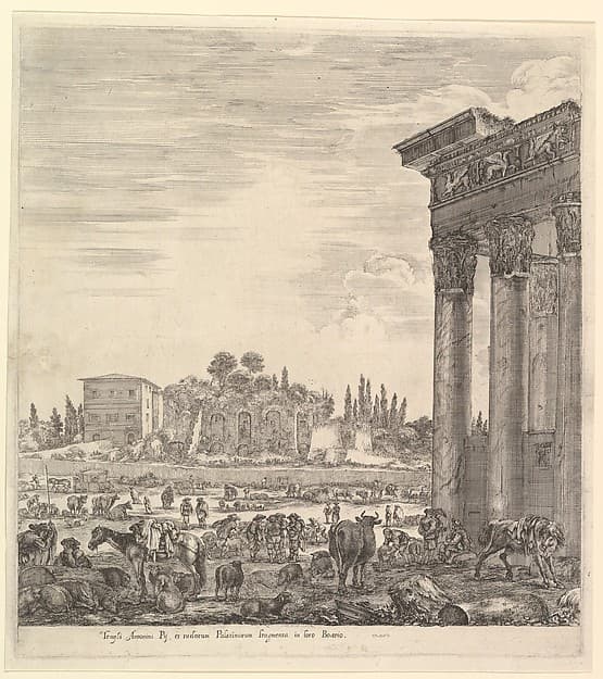 The columns of the Temple of Antoninus to right, a part of the Campo Vaccino in center and at left, along with various animals and figures, the Palatine ruins in the background, from 'Six large views, four of Rome, and two of the Roman countryside' (Six grandes vues, dont quatre de Rome et deux de la Campagne romaine)