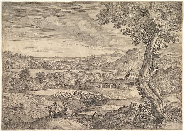 Landscape with a brick factory in the middle ground, a standing man in the foreground points to the left as he faces a man lying on a rock