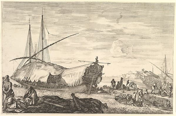 A galley covered in sails to left, six cannons and four people to left in foreground, one man seated at far left smoking a pipe, a man assisting others disembarking from rowboats to right, other rowboats and ships in the background, from 'Views of the port of Livorno' (Vues du port de Livourne)