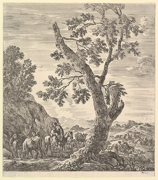 A shepherd with two horses and a peasant woman on horseback with a child in her arms to left, a large tree in center, a shepherd with a herd of animals descending a hill to right, mountains in the background, from 'Six large views, four of Rome and two of the Roman countryside' (Six grandes vues, dont quatre de Rome et deux de la Campagne romaine)