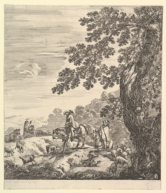 Two horsemen pass a flock, riding towards the left, a peasant woman and a young boy to left in the middleground, a large tree to right, from 'Six large views, four of Rome and two of the Roman countryside' (Six grandes vues, dont quatre de Rome et deux de la Campagne romaine)