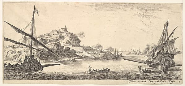 Plate 8: A the bow of a galley at left and another galley at right, seen from behind, two rowboats in center, a hill with a fortress in the background, from 'Various landscapes' (Divers paysages)