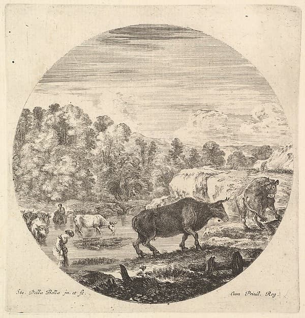 Two cows in center, followed by two peasant women and other cows in the river to left, a round composition, from 'Six animal subjects' (Six sujets d'animaux)