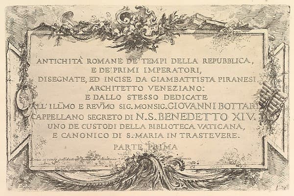 Title page from "Roman Antiquity of the Time of the Republic and the First Emperors" (Antichità Romane de' Tempi della Repubblica, e de' primi Imperatori)