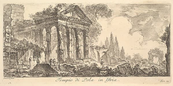 Plate 21: Temple of Pola in Istria (Tempio di Pola in Istria), from "Alcune Vedute di Archi Trionfali ed altri monumenti inalzati da Romani parte di quali se veggono in Roma e parte per l'Italia" (Some Views of Triumphal Arches and other monuments erected by the Romans, some of which are in Rome and some elsewhere in Italy)