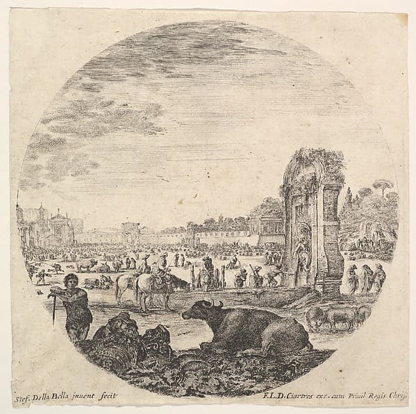 Plate 2: Campo Vaccino, a buffalo and two shepherds in center, the Fontanone to right in the middleground, various animals and people in the background, a round composition, from 'Roman landscapes and ruins' (Paysages et ruines de Rome)