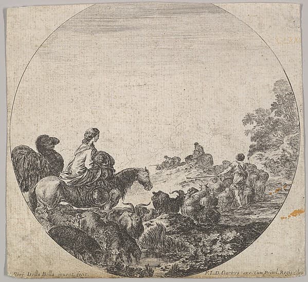 Plate 5: a woman carrying a child on a horse to left, a camel following her, a herd of goats, sheep, and a shepherd in front of her to right, a round composition, from 'Roman landscapes and ruins' (Paysages et ruines de Rome)