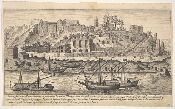 Plate 21: view from the west of ruins of the Aventine Hill, Rome, with boats on the river Tiber in the foreground, from the series 'Ruins of the antiquity of Rome, Tivoli, Pozzuoli, and other places' (Vestigi della antichità di Roma, Tivoli, Pozzvolo et altri luochi)