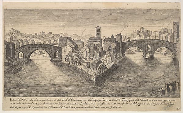 Plate 37: view of the church of San Bartolomeo all'Isola on Tiber Island, Rome, flanked by bridges, from the series 'Ruins of the antiquity of Rome, Tivoli, Pozzuoli, and other places' (Vestigi della antichità di Roma, Tivoli, Pozzvolo et altri luochi)