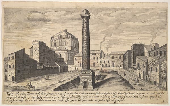 Plate 31: view of the column of Trajan, shown with its pedestal dug out from the earth, surrounded by buildings at the base of the Quirinal Hill, Rome, from the series 'Ruins of the antiquity of Rome, Tivoli, Pozzuoli, and other places' (Vestigi della antichità di Roma, Tivoli, Pozzvolo et altri luochi)