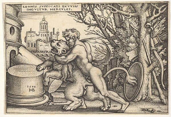 Hercules, in profile, killing the Nemean lion with his arm around its neck, from 'The labors of Hercules'