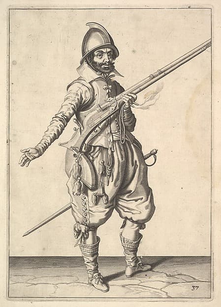 A soldier on guard freeing his right hand, from the Marksmen series, plate 37, in Wapenhandelinghe van Roers Musquetten Ende Spiessen (The Exercise of Arms)