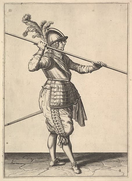 The second movement for bringing the pike on to the shoulder and holding it horizontally, from the Lansquenet series, plate 9, in Wapenhandelinghe van Roers Musquetten Ende Spiessen (The Exercise of Arms)