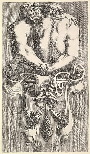 Design for a Term with Two Embracing Satyrs, from: Curieuses recherches de plusieurs beaus morceaus d'ornemens antiques et modernes (...)