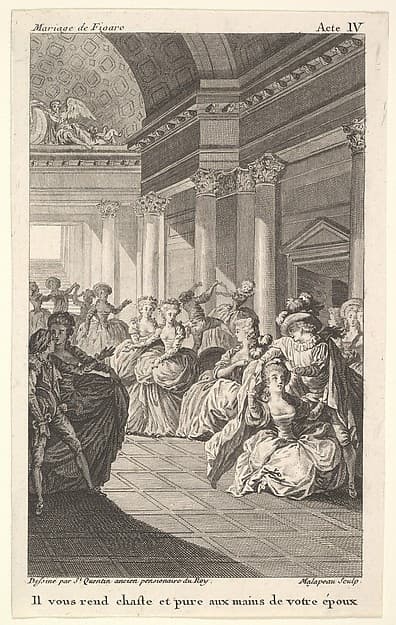 Dancing couples surround four standing women in a barrel-vaulted hall, from a series of five illustrations after Jacques Philippe Joseph de Saint-Quentin for 'The mad day, or the marriage of Figaro' (La Folle journée, ou le mariage de Figaro) by Pierre Augustin Caron de Beaumarchais