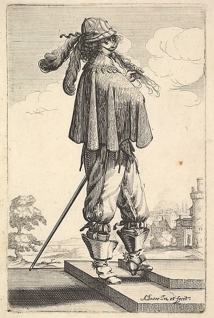 A gentleman wearing a short coat, a helmet, and boots with spurs, standing on the steps and turned towards the right, from "The Garden of the French Nobles In Which One Can Pick Up Their Way of Dressing"