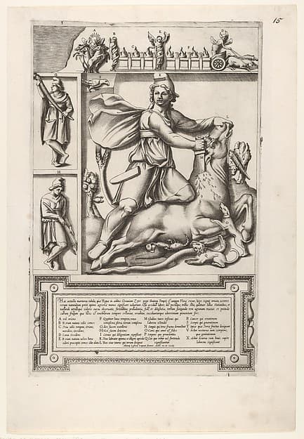 Relief with Mithras kneeling upon a bull and driving a sword into its shoulder, at left two smaller standing figures, one holding a sheathed sword and one holding a sword, a frieze with chariots and serpents coiled around figures above