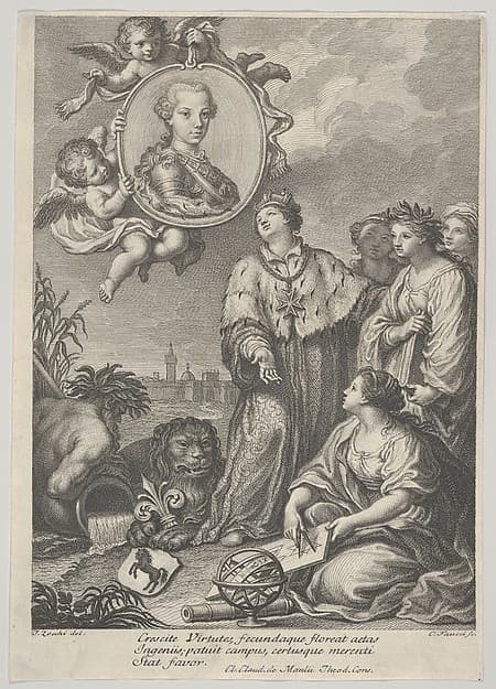 Portrait of the future Holy Roman Emperor Leopold II as the Archduke of Austria and Grand Duke of Tuscany, set within a roundel upper left, allegorical figures representing the arts and sciences below