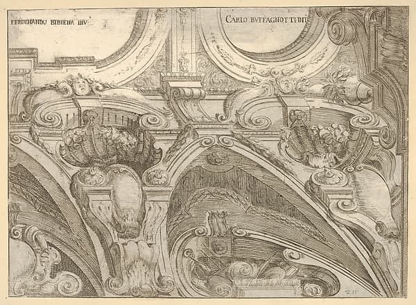 Architectural detail of an elaborate cornice, seen from below