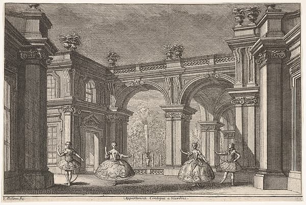 Two ladies and two gentlemen dancing within an ornate architectural setting, a fountain at center in the background, a scene from "Talestri, Regina delle Amazzoni"