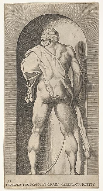 Plate 15: Hercules standing in a niche, wearing a lion skin and holding a club, viewed from behind, with his head turned to the left, from a series of mythological gods and goddesses