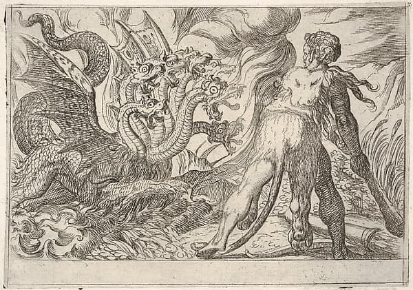 Hercules and the Hydra of Lerna: Hercules grasps his club with both hands and confronts the seven-headed hydra, from the series 'The Labors of Hercules'