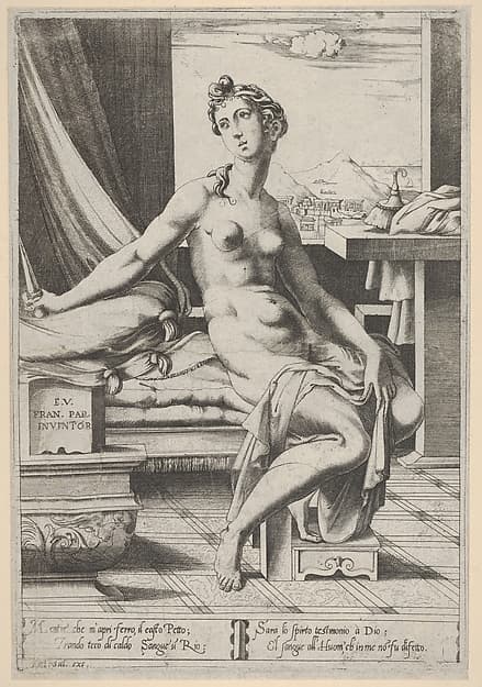 Lucretia naked and seated before a window, a dagger in her right hand and holding drapery in her left