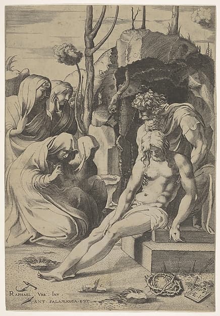 Entombment of Christ, whose chest is grasped by Joseph of Arimathea, with two kneeling and two standing female mourners at left and crown of thorns at bottom right