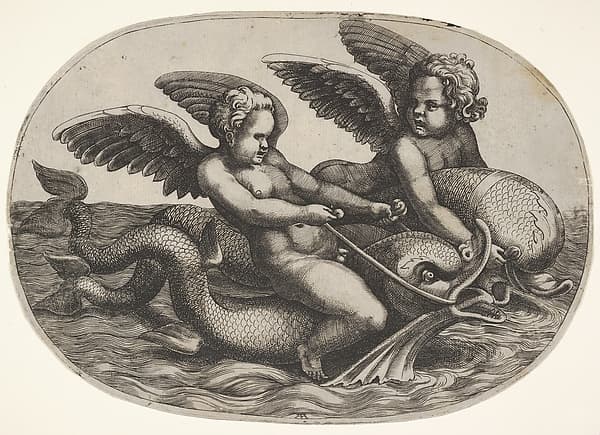 Two winged putti riding parallel on dolphins above the water surface, an oval composition