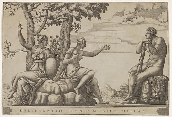 Hercules at the cross-roads, he is seated at the right, to the left are female personifications of Virtue and Vice
