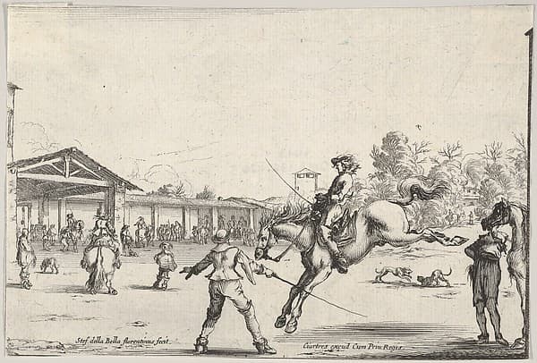 A riding school, a horseman with sword jumping directed by another man with a sword in center, a man standing next to his horse to right, various horsemen, the school, and two dogs in the background, from 'Varie figure'