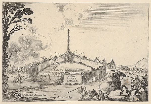 Combat on a bridge, a horseman and two footsoldiers battle with swords at bottom right, one footsoldier on the ground to left of the horseman, various soldiers with swords on the bridge in the background, French coat of arms displayed in center of bridge, title page of 'Varie figure'