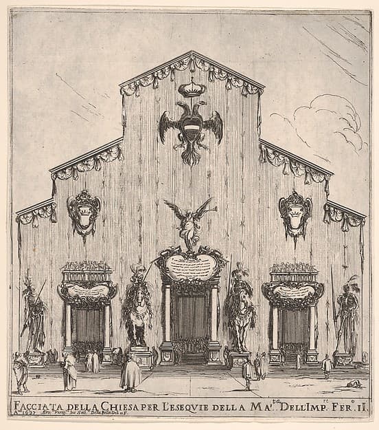 Façade of the church of San Lorenzo in Florence, decorated with the emperor's arms, four figures of death flanking the three entrances, the two in center on horseback, a large angel above central door, from 'Ceremonies for the Funeral of Emperor Ferdinand II' (Funérailles de l'empereur Ferdinand II)