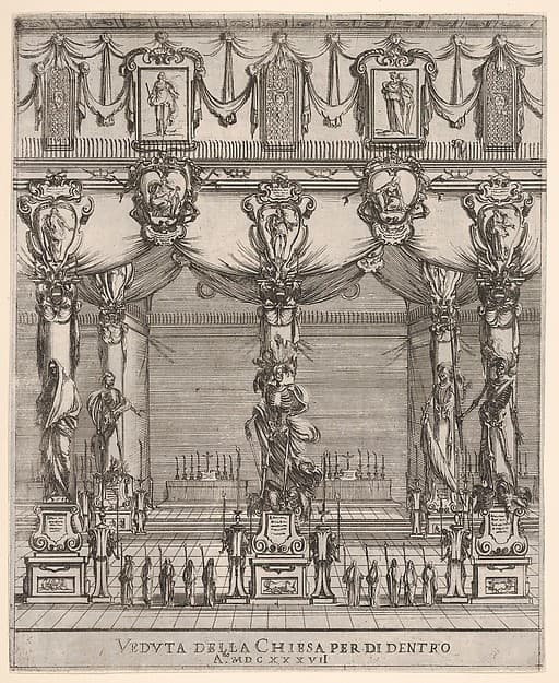 Interior of the church of San Lorenzo in Florence, five pillars, each with a large figure of death on a pedestal, ten hooded figures with staffs in foreground, two altars in the background, cartouches containing female figures above, from 'Ceremonies for the Funeral of Emperor Ferdinand II' (Funérailles de l'empereur Ferdinand II)