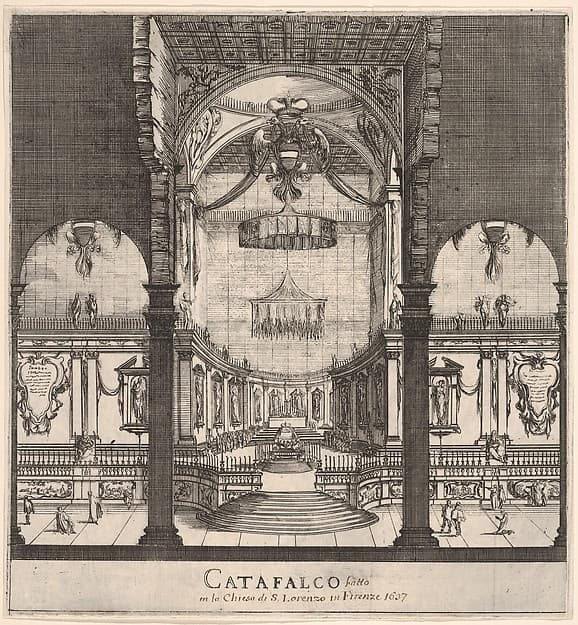 The tomb of Ferdinand II at center in the background within the choir of the church, three arches in center foreground, Austrian coat of arms hung in center arch, from 'Ceremonies for the Funeral of Emperor Ferdinand II' (Funérailles de l'empereur Ferdinand II)