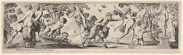 Composition of figures arranged in a landscape foreground before a statue of a female goddess, at left two nude figures support a nude woman riding a goat led by a putto, at center a draped woman holds one finger to her eye behind a satyr holding a bow, at right Mercury twists away from the satyr, from a series of twelve frieze-like designs showing bacchanals, sacrifices, and dances