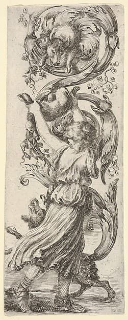 A young girl, seen from behind, lifting a rabbit into the air for a dog above to grasp, another dog at her feet, from'Ornaments or Grotesques' (Ornamenti o Grottesche)