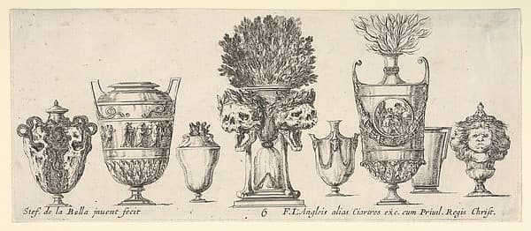 Eight vases, a clepsydra in center decorated with two skulls with laurel wreaths, plate 6 from 'Collection of Various Vases' (Raccolta di Vasi Diversi)