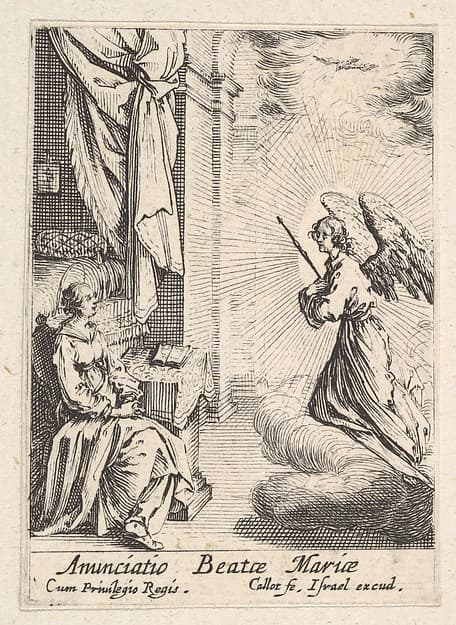 Annunciation, with angel approaching the seated Mary from the left, and the dove of the Holy Spirit above