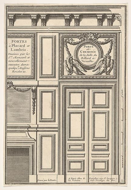 Door and Chimney of the Billiards room at Versailles, plate I from the Series 'Portes a Placard et Lambris', published as part of 'L'Architecture à la Mode'