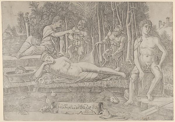 The metamorphosis of Amymone who lies at center leaning on her arm, surrounded by Apollo at left, Neptune at right and two satyrs