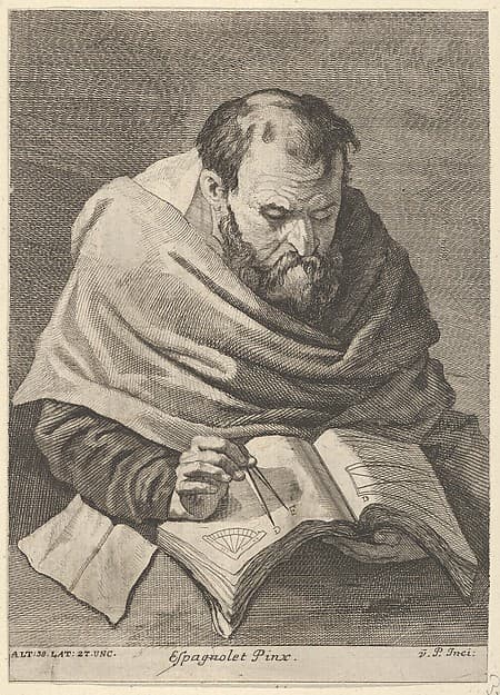 A mathematician seated at a table, working on mathematical equations, from a portfolio of prints of the Imperial Gallery of Paintings in Vienna; plate 34 of the series