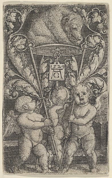 Vertical Panel with Three Winged Boys Carrying a Bear on a Tray