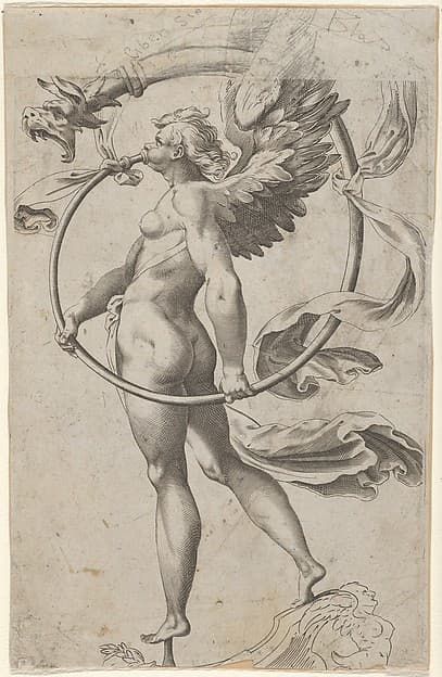 A winged figure of Fame standing facing left and sounding a trumpet