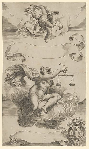 An Allegory of Truth and Justice; a naked woman in the center seated on a cloud holding a set of scales, a putto above, the Medici Coat of Arms at lower right