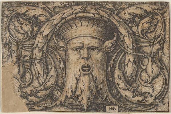 Horizontal Panel with a Bearded Amascaron in a Medallion at Center Surrounded by Tendrils