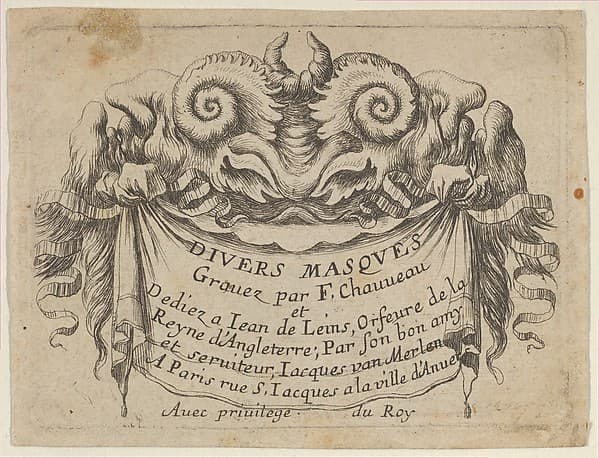 Title Plate with Two Satyr Heads, from Divers Masques