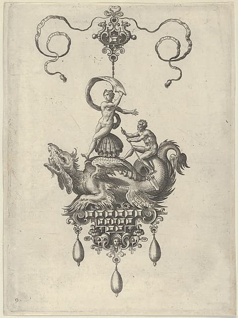 Pendant Design with a Winged Sea Monster Carrying Venus Anadyomene on a Shell and a Man with an Oar