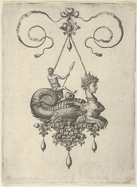 Pendant Design with a Sphinx with the Body of a Fish Carrying a Man with an Oar